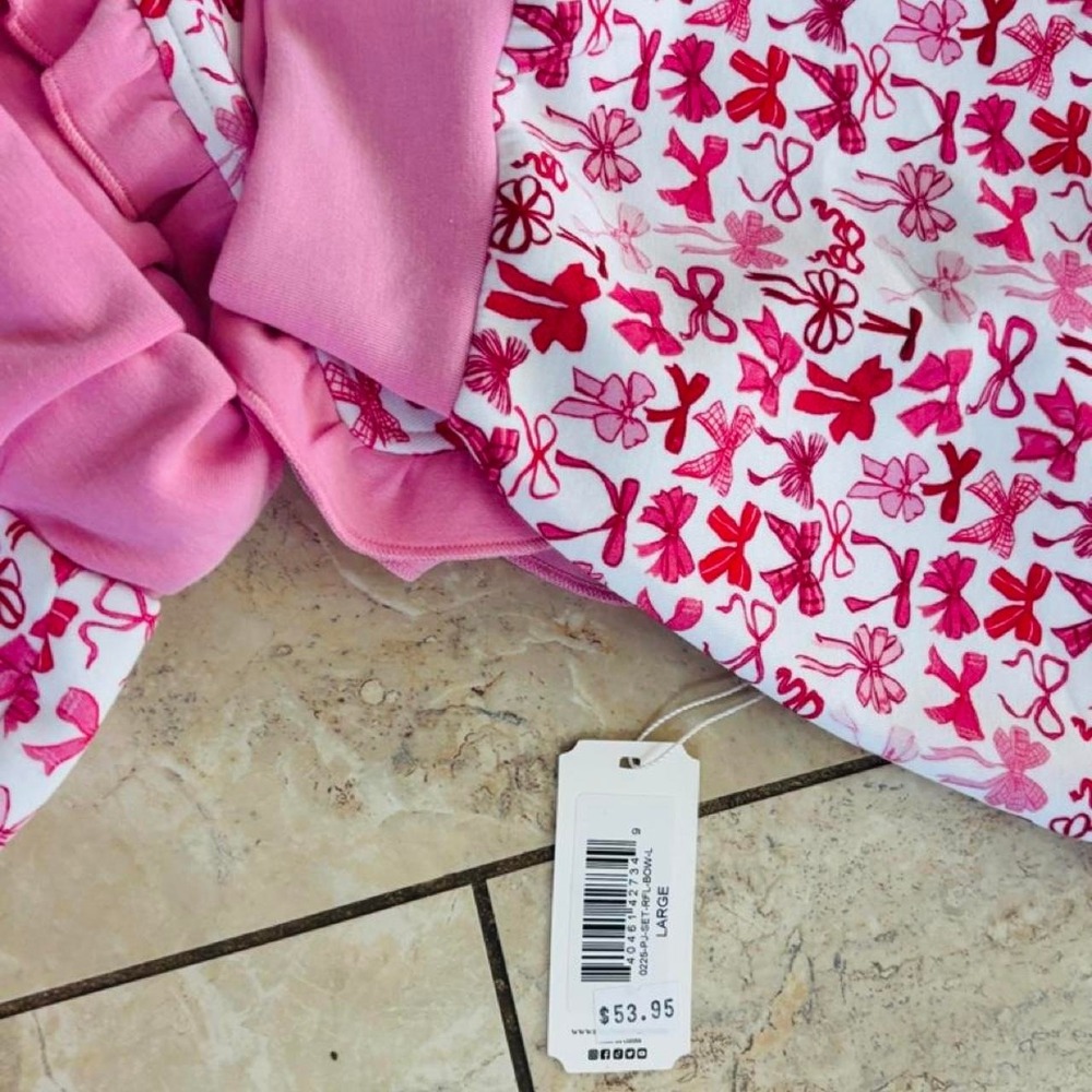 Simply Southern Pink White Bow Print Ruffle Pajama Lounge Set Women Large NEW - Picture 3 of 7